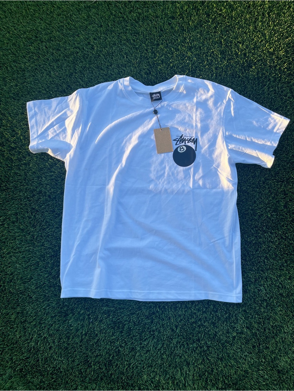 Stussy White Tee with Black 8-Ball Chest Graphic